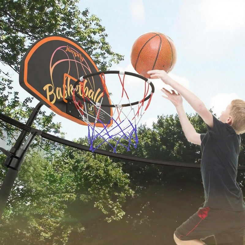 jumpfly Trampoline Basketball Hoop Attachment, Basketball Hoop for Trampoline Easy to Install, Universal Trampoline Accessories Fits Straight Pole & Curved Pole with Mini Balls & Pump - Image 1